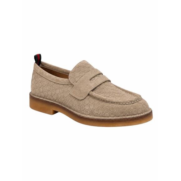 Gucci Luxury Suede GG Monogram Web Penny Loafer Oatmeal Size 12/ 12.5